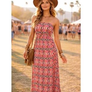 Batik Strapless Maxi Dress Tropical Print‎ Orange Pink Black Size M